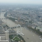 Birds eye view of the London Eye and the Houses of Parliament.