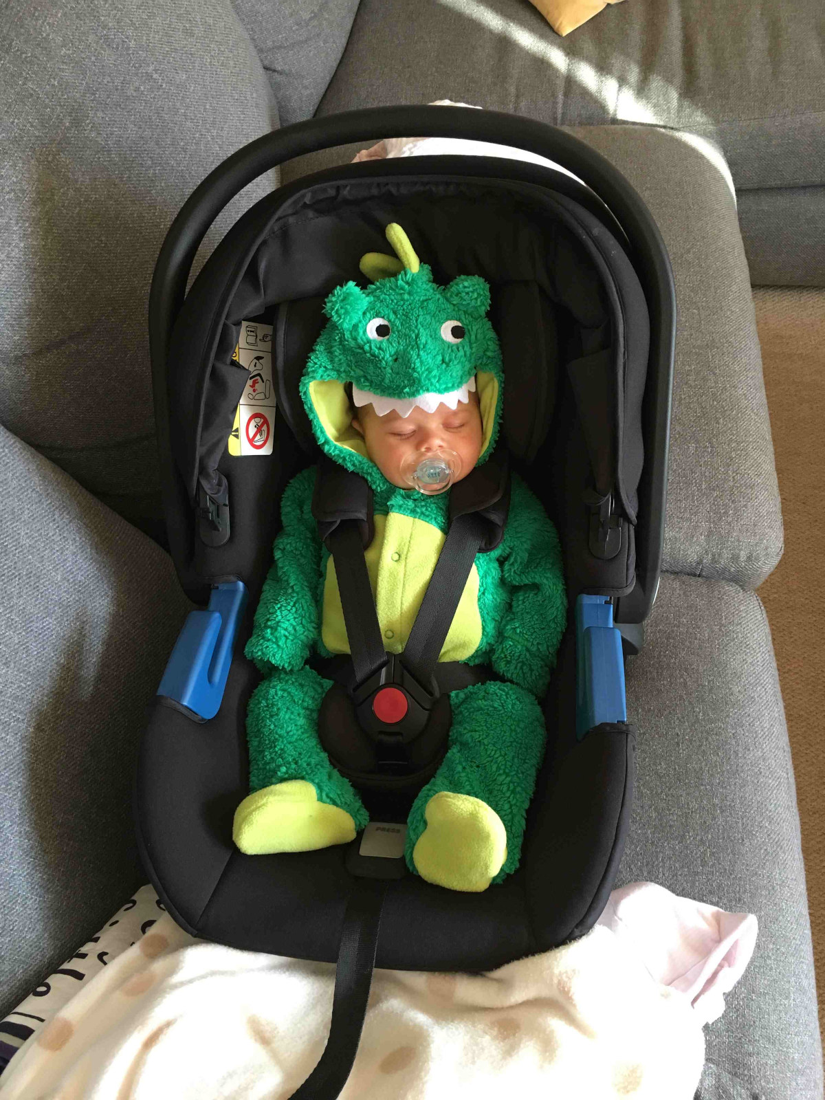 My daughter dressed as a dinosaur sitting in car seat